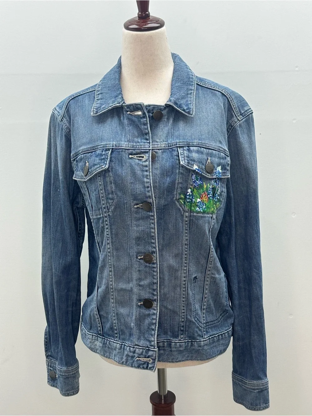 Hand Painted Texas Bluebonnet Denim Jacket Eddie Bauer Jean Jacket Vintage Style